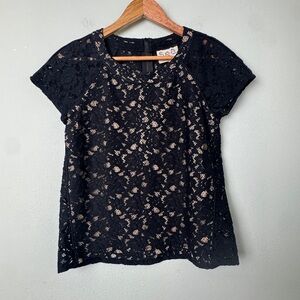 Sea New York Black Lace Semi Sheer Lace Short Sleeve Blouse Top Size 0